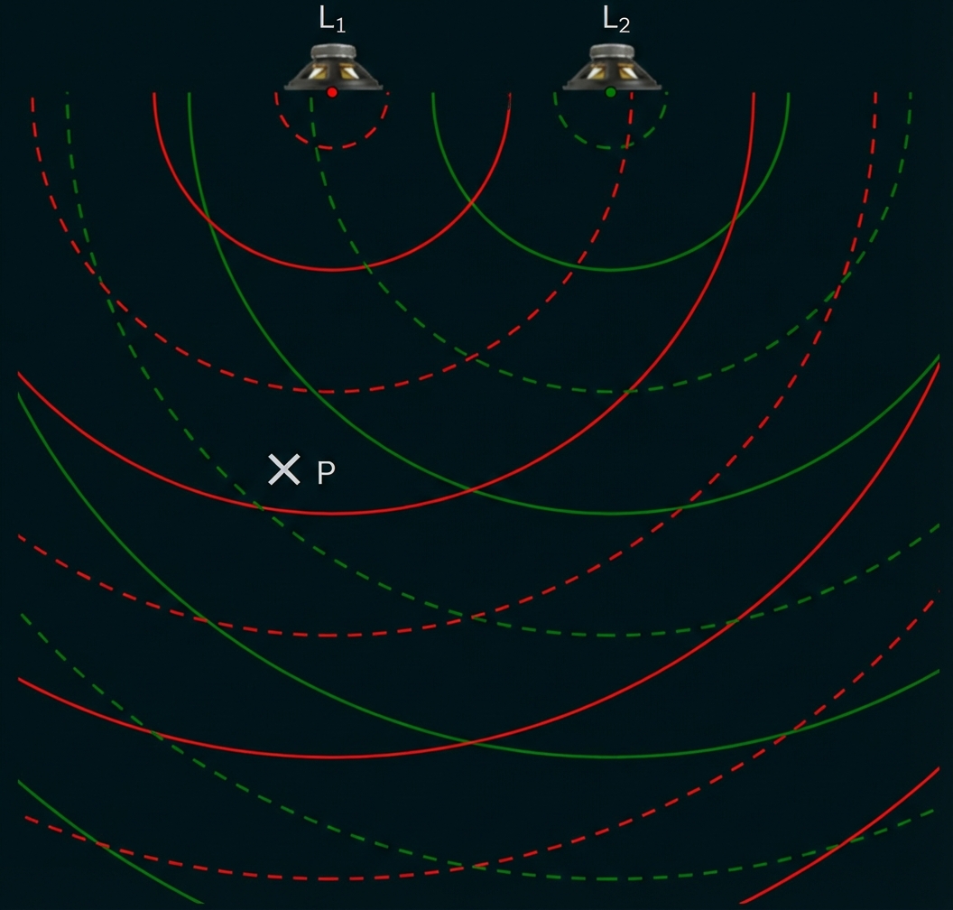 Zwei Lautsprecher oben, rote und grüne überlagernde Wellenfronten (gestrichelt und durchgezogen), Kreuz markiert Punkt P.